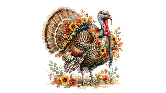 Watercolor turkey illustration standing with autumn flowers and foliage art