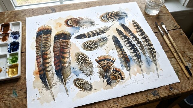 Hand Painted Watercolor Illustration of Bird Feathers on Paper in a Studio Setting