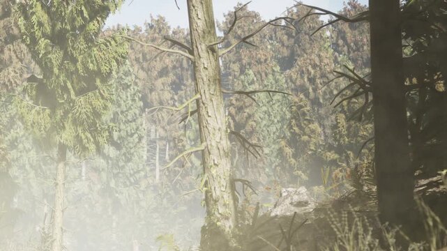 A view of a forest filled with tall trees and dense foliage. Fog covers the ground, creating a mysterious atmosphere. Sunlight filters through the branches in the background.