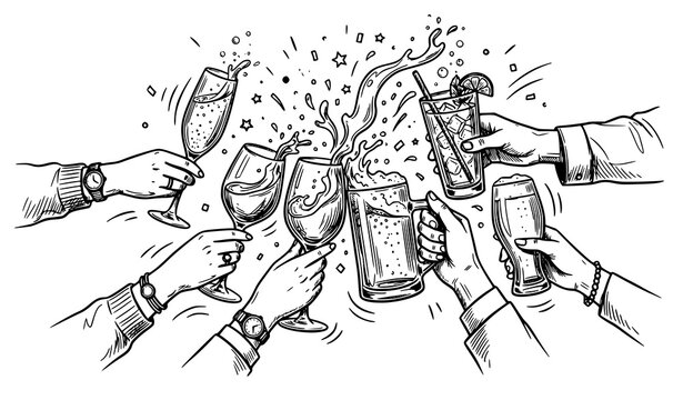 celebration, toast, cheers, glasses, champagne, wine, beer, cocktail, drink, hands, party, holiday, friendship, festive, event, bubbles, splash, confetti, sketch, outline, vector, illustration, isolat