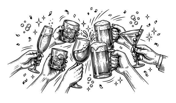 cheers, toast, champagne, wine, beer, cocktail, whiskey, glasses, hands, party, celebration, friendship, festive, holiday, bubbles, splash, confetti, engraving, sketch, lineart, vector, illustration, 