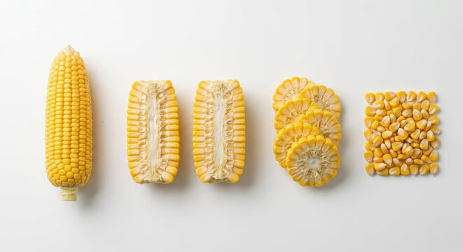 Sweet corn cob processing steps from whole ear to loose yellow kernels flat lay