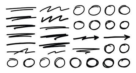 Collection of handdrawn black ink doodles including lines circles arrows and wavy strokes for design elements © Sujon Sharma