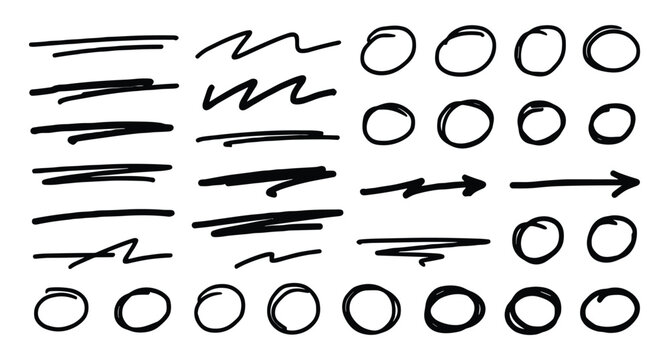 Collection of handdrawn black ink doodles including lines circles arrows and wavy strokes for design elements