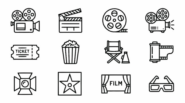 Film icons depict cinema equipment and symbols on a white background with movie cameras and projectors.
