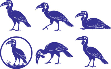 Fototapeta premium Southern Ground Hornbill Silhouette Icon Set Collection Black Wildlife Vector Icons Isolated on White Background