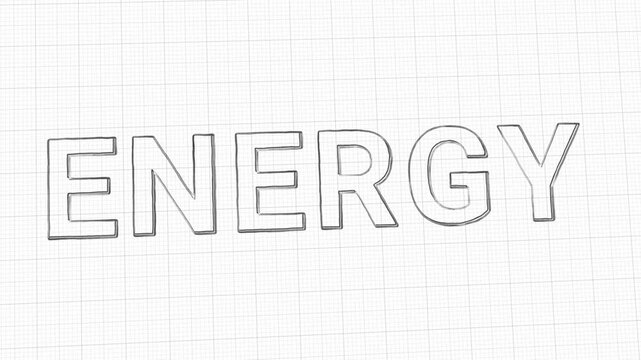 Energy text drawn on graph paper background, sketch style outline letters appearing stroke by stroke
