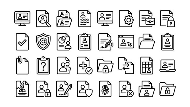 Linestyle icons of user data security and management concepts  documents people files folders locks shields and gears on white background