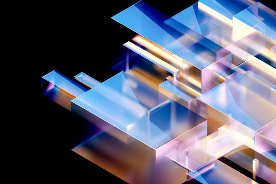 3D floating crystal blocks on deep black background