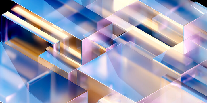 3D iridescent prism maze with glowing glass passages
