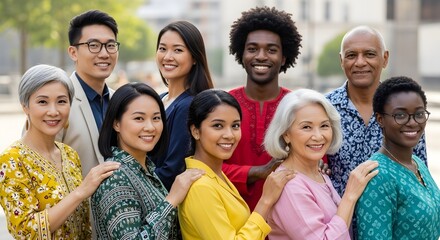 Obraz premium Diverse group of happy multiracial people standing together as successful team showing support and friendship in professional office setting.