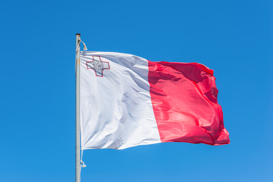 Maltese National Flag Against Clear Blue Sky, Malta