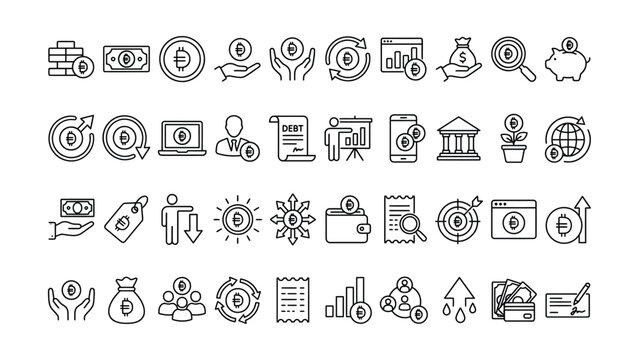 Comprehensive collection of financial and cryptocurrency related line icons representing modern digital money concepts for business