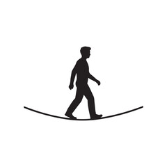 Man walking on a tight rope black silhouette, isolated on white background © Taufikur