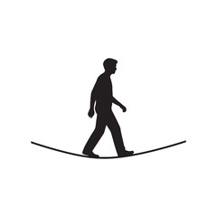 Man walking on a tight rope black silhouette, isolated on white background © Taufikur