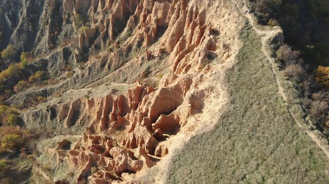 Aerial Sunset view of rock formation Stob pyramids, Rila Mountain, Kyustendil region, Bulgaria