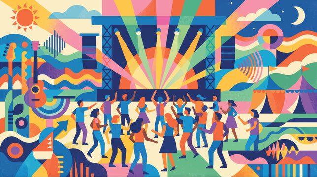 Vibrant abstract music festival stage with crowd dancing vector illustration, colorful concert laser show concept