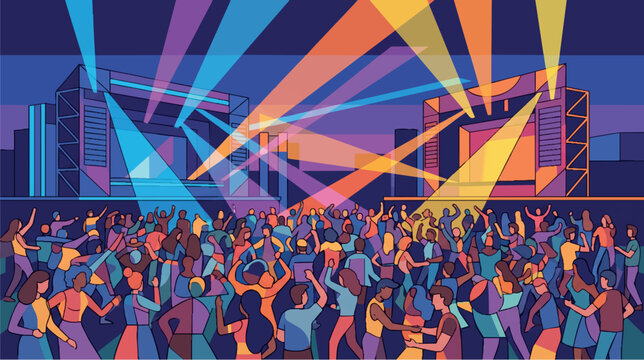 Live music concert scene with audience and bright colorful spotlights vector illustration, festival performance layout