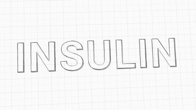 Insulin text drawn on graph paper background, sketch style outline letters appearing stroke by stroke
