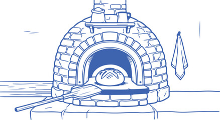 Traditional brick wood fired oven with shovel and fresh bread inside blue line art illustration. © Mosharof