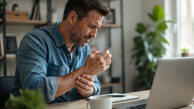 A middle-aged man sitting at a wooden desk in a bright home office winces while holding his wrist with his opposite hand, suggesting sudden pain or strain. He
