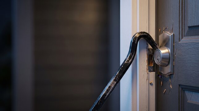 Crowbar forcing open a residential front door lock during a burglary attempt at night. Home break in, forced entry, property crime, security risk. Copy space.