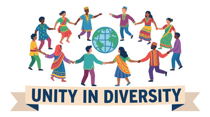 Naklejka premium Diverse multicultural people holding hands around the globe, unity in diversity global community vector illustration