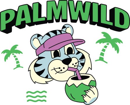 cute white tiger summer drinking coconut