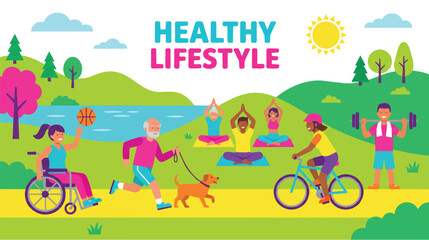 Fototapeta premium Inclusive healthy lifestyle concept with diverse people exercising in park vector illustration, active wellness banner