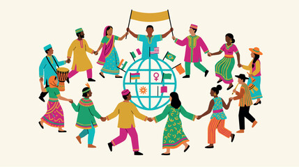 Fototapeta premium Multicultural group of people holding hands around the globe with flags, global community unity in diversity vector illustration