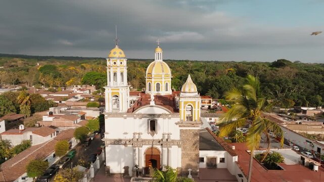 Exterior Of San Miguel Archangel Holy Spirit Parish Church In Comala, Colima, Mexico - Aerial Drone Shot