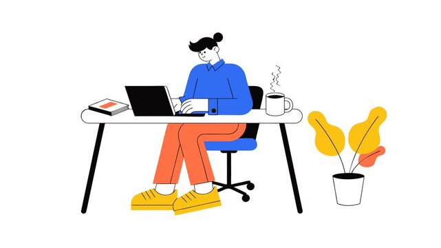Animated Flat Vector Person Working on Laptop at Home Office Desk
