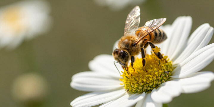 Working honey bee on white daisy flower
