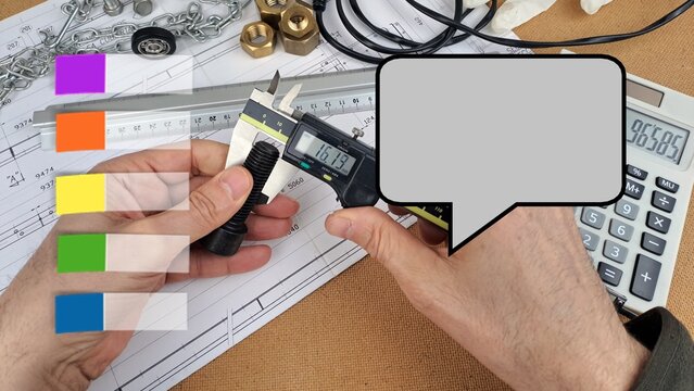 Operaio con i guanti che utilizza un calibro digitale per misurare con precisione, con vignetta per lo spazio del testo e post-it colorati.