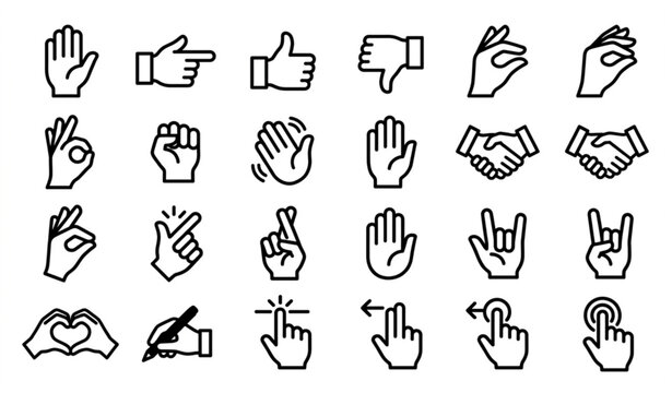 Black and white hand gesture icon set with human palm finger signs and touch symbols vector illustration isolated on white background
