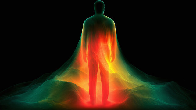 Human figure with aura of colorful energy on a dark background