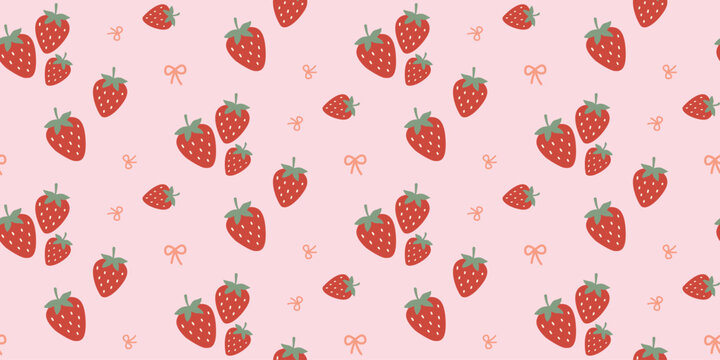 Cute strawberry pattern with red berries green leaves and small bows on pink background for fashion or fabric design