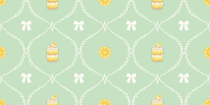 Festive Christmas Pattern with Cake Bites Snowflakes and Lemon Slices in Soft Green Colors