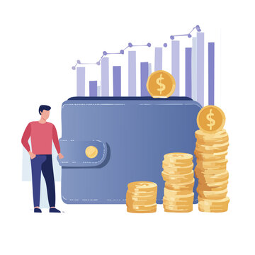 Man with Wallet, Coins, and Financial Graph