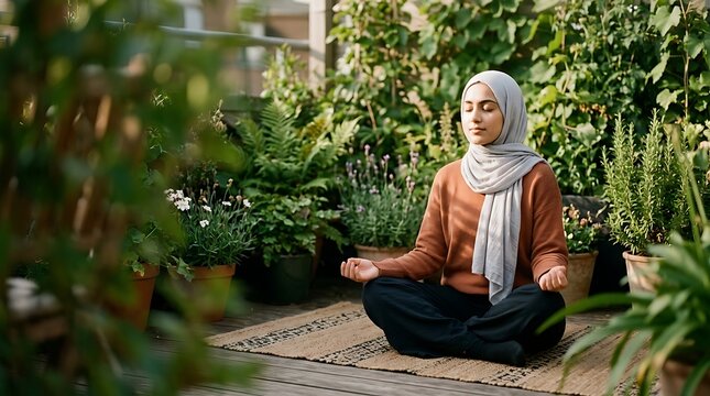 Young woman in hijab meditating in a lush rooftop garden
