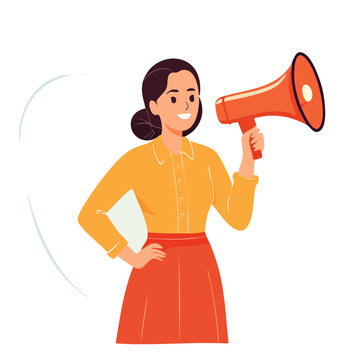 Woman holding megaphone and clipboard, flat vector illustration
