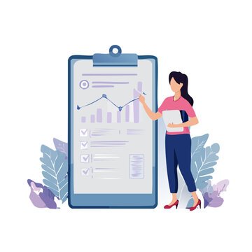 Woman presenting data on a clipboard with charts and checklist