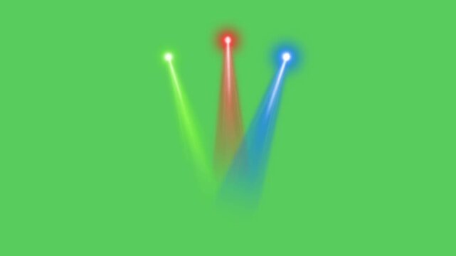 Realistic red and blue light beam spotlight on green background.