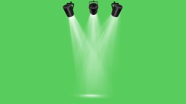 Realistic white light beam spotlight on green background.