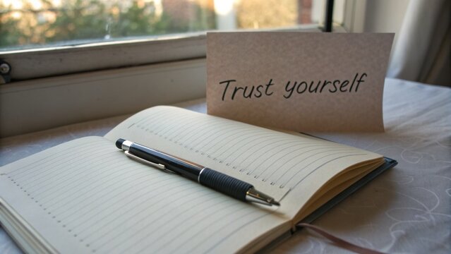 Inspirational note on a desk with an open notebook and pen, encouraging self-confidence and personal reflection by the window