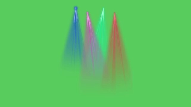 Realistic red and purple light beam spotlight on green background.
