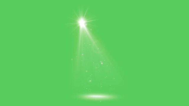 Realistic white light beam spotlight on green background.