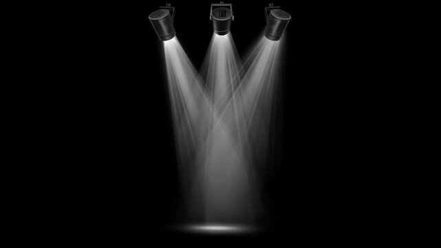 Realistic white light beam spotlight on black background.