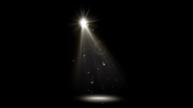 Realistic white light beam spotlight on black background.