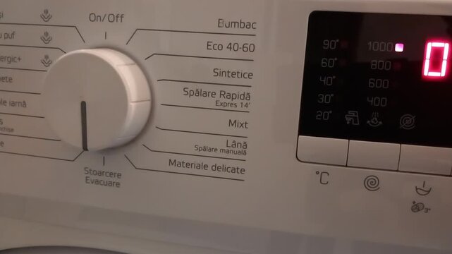 Washing Machine Cycle Start- Selector Clicks, Door Lock, Wash Hum -- Close-up on program selector and display
